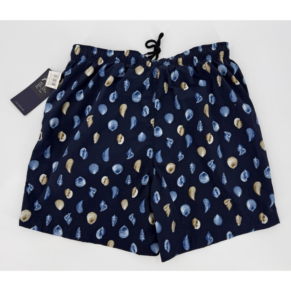 Nautica Sea Shell Print Navy Blue T21016 Nylon Swim Trunks Mesh Lined Mens M NWT